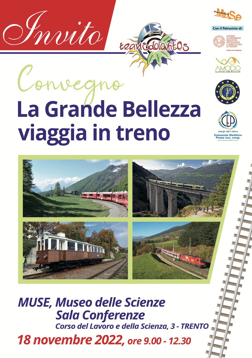 La grande bellezza viaggia in #treno. Convegno di <a href="/TransDolomites/">TransDolomites</a>, aderente #AMODO, il 18 novembre dalle 9.00 alle 12.30 presso la Sala Conferenze del Museo delle Scienze di #Trento.
L'evento sarà trasmesso in streaming sulla pagina fb di Transdolomites.
mobilitadolce.net/la-grande-bell…