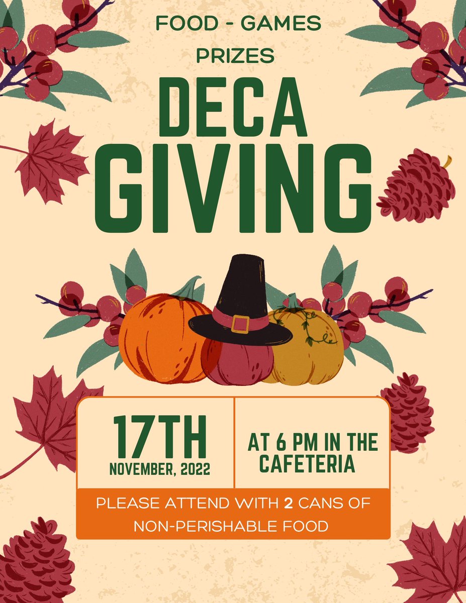 OceanDeca's tweet image. All DECA members, please join us in the cafeteria on Thursday the 17th for DECAgiving at 6 pm. You must bring two non perishable items.