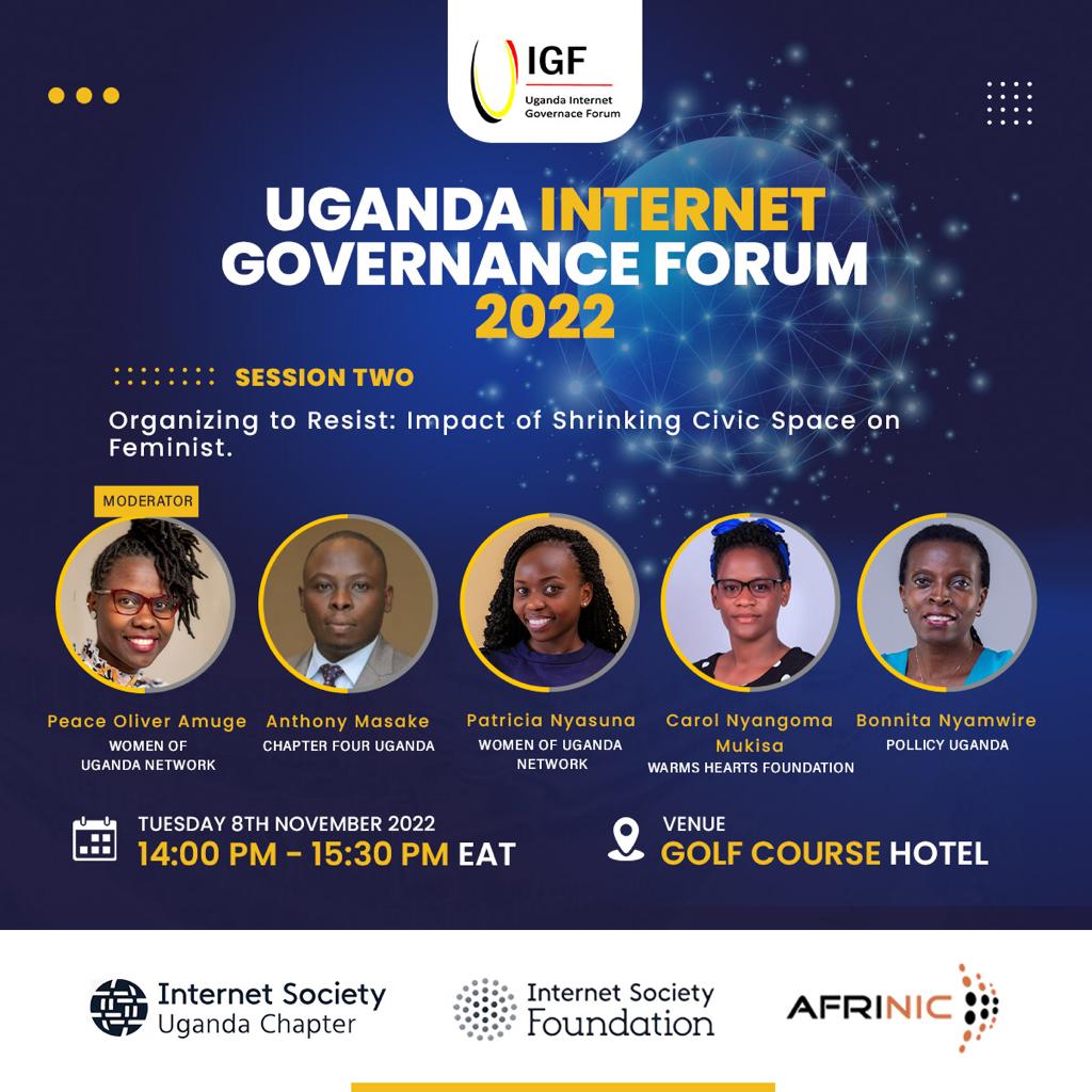 Shrinking Civic Space; A conversation that MUST be held.
Follow as I represent <a href="/wougnet/">Women of Uganda Network</a> <a href="/ICTWomenUganda/">Women ICT Advocacy G</a>  during this Year's #UIGF