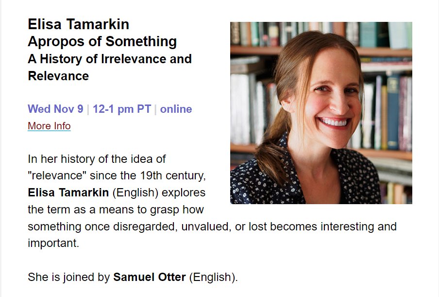 townsend_center's tweet photo. Join us on Wed, 11/9 from 12-1 to hear Elisa Tamarkin (@UCBEnglish) talk about her new book, Apropos of Something: A History of Irrelevance and Relevance (@UChicagoPress). She will be joined by Samuel Otter. #BerkeleyBookChats

More info and watch link: https://t.co/CP7k4lejJQ https://t.co/HaDP4DU2w5