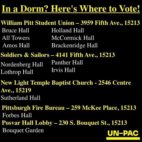 UnPACPitt's tweet photo. Quick reminder: here is where to vote based on dorm! Polls are open from 7am-8pm! Get out there and vote! https://t.co/ntLGMeL0AA