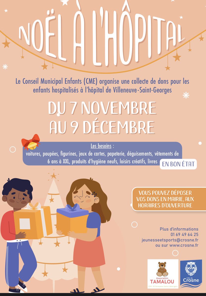 DamiatiMichael's tweet photo. From today et jusqu'au 9 décembre le Conseil Municipal des Enfants de la @VCrosne organise avec l'association #Tamalou une collecte de dons pour les enfants hospitalisés au CHIV de @Villeneuve94190
Vos dons (en bon état uniquement) sont à déposer à l'accueil de la mairie 👍🙏👏 https://t.co/9oBUsez1Qs