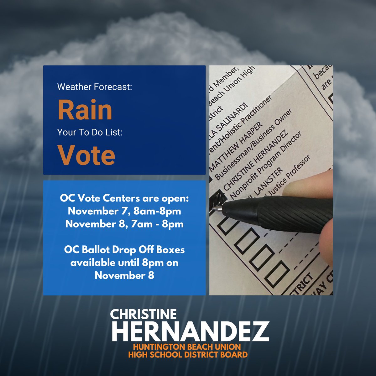 Less than 36 hours until voting ends! Make sure to drop off your ballot in the mail, at an official ballot drop off box, or at an OC Vote Center. 
For more info on locations &amp; current wait times, visit: ocvote.gov/voting. Avoid the rain tomorrow &amp; get out the vote today!