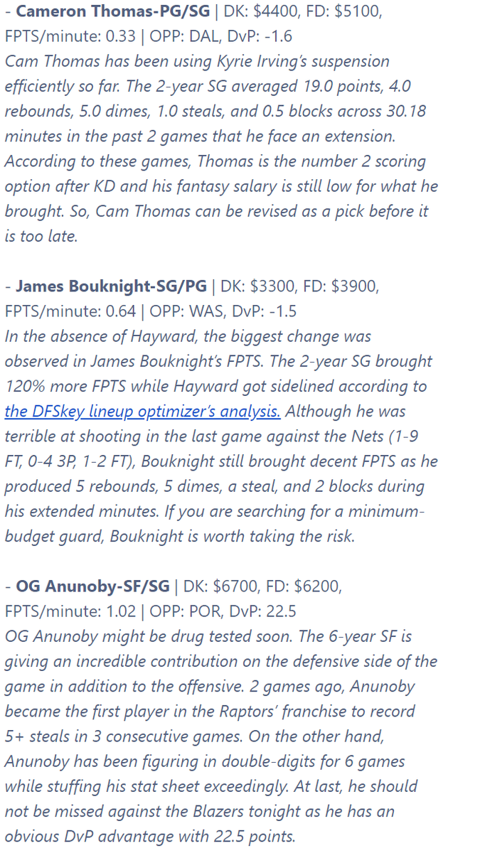 DFantasyKEY's tweet photo. With all teams in the #NBA taking action in today's massive slate, you'd need a solid #DFS #lineup #optimizer

Try https://t.co/m6KMH60dPz

You'll get trending and declining players and a daily newsletter that summarizes value plays of the day for #DraftKings #Yahoo and #FanDuel https://t.co/nezuDOXdlg
