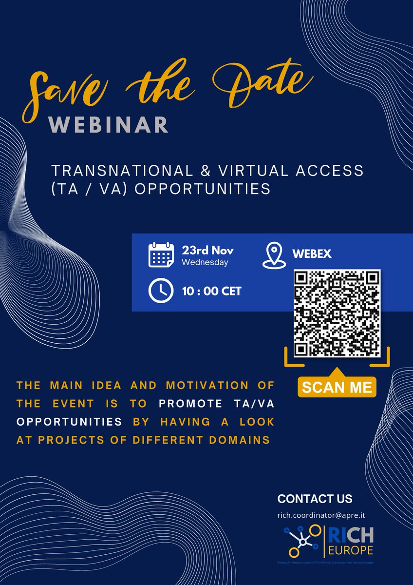 rich_ncps's tweet image. Save the date: on the 23rd November 2022,at 10.00 CET, RICH Europe will organise its first public webinar on TA/VA.

Participation to the webinar is public and accessible to everyone.

Link for the virtual room:
bit.ly/3E2P9i3  

#RICHEurope #researchandinfrastructures