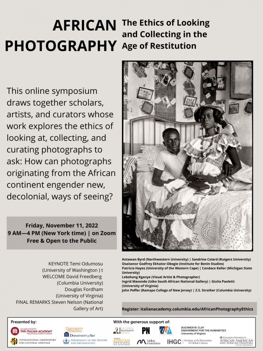 MariusKothor's tweet image. I am very much looking forward to attending this event. We really need more scholarship &amp;amp; conversation on African photography. Very excited to learn about Temi Odumosu’s work. Her keynote sounds so fire.  italianacademy.columbia.edu/AfricanPhotogr…