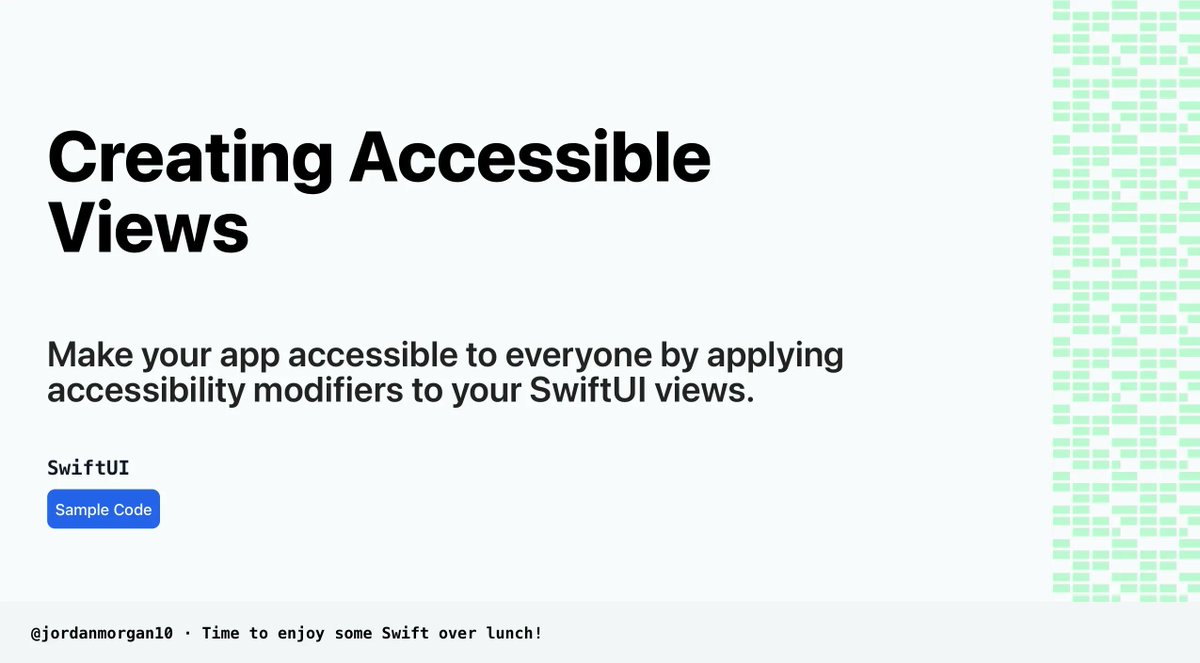 📱Today's code sample is from SwiftUI📱

Creating Accessible Views:
Make your app accessible to everyone by applying accessibility modifiers to your SwiftUI views.

👉buff.ly/3xQZ7AH