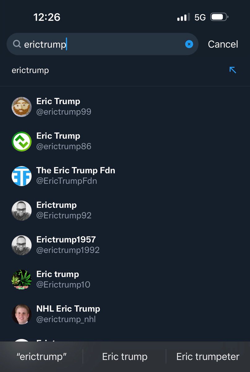 EricTrump's tweet photo. This is one of the ways @Twitter silenced people - they would make their profiles invisible. I searched my name from a friends phone on Friday - even typing the entirety of my name, I was hidden, with only parody accounts showing. Good for @elonmusk firing twitters leadership. https://t.co/9NpqN2gS3x