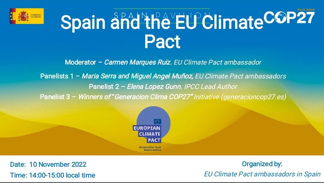 Nuestras embajadoras Carmen Márquez <a href="/mamenmarquesita/">Carmen Marqués Ruiz</a>  Maria Serra @Petitameract y nuestro embajador Miguel Ángel Muñoz participan el 10/11 en la #COP27
en el pabellón 🇪🇦 <a href="/mitecogob/">Transición Ecológica y Reto Demográfico</a>
"Spain and the EU Climate Pact" cop27.fundacion-biodiversidad.es/events/spain-a… 
#SpainCOP27 #SharmElSheikh
#EUClimatePact