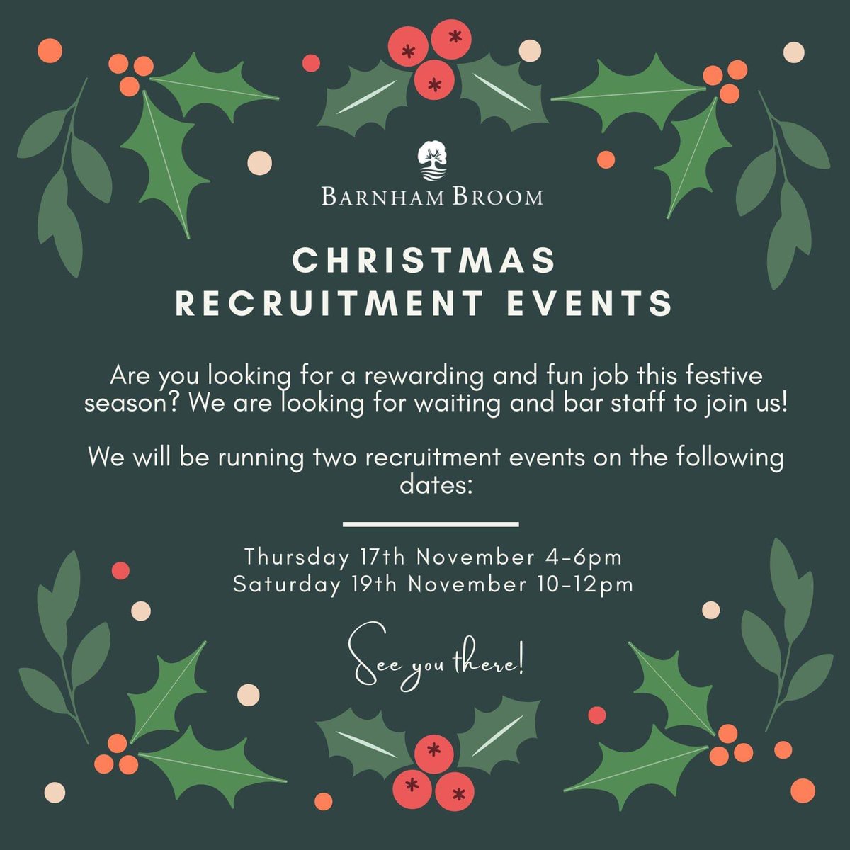 🎄⭐️🎁 Christmas Recruitment Events 🎁⭐️🎄 If you are you looking to earn extra this festive season then look no further! Pop along to one of our two recruitment events in our Colton Suite at Barnham Broom. Alternatively, email your CV and cover to careers@barnham-broom.co.uk