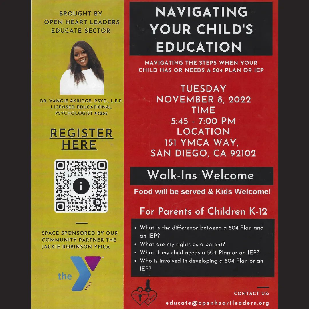 Resource for parents! Navigating Your Child's Education: How to navigate the steps when  your child needs a 504 plan or IEP.
Tomorrow, Tuesday, November 8th from 5:45-7:00pm at 151 YMCA Way, San Diego 92102.
Walk Ins welcome!