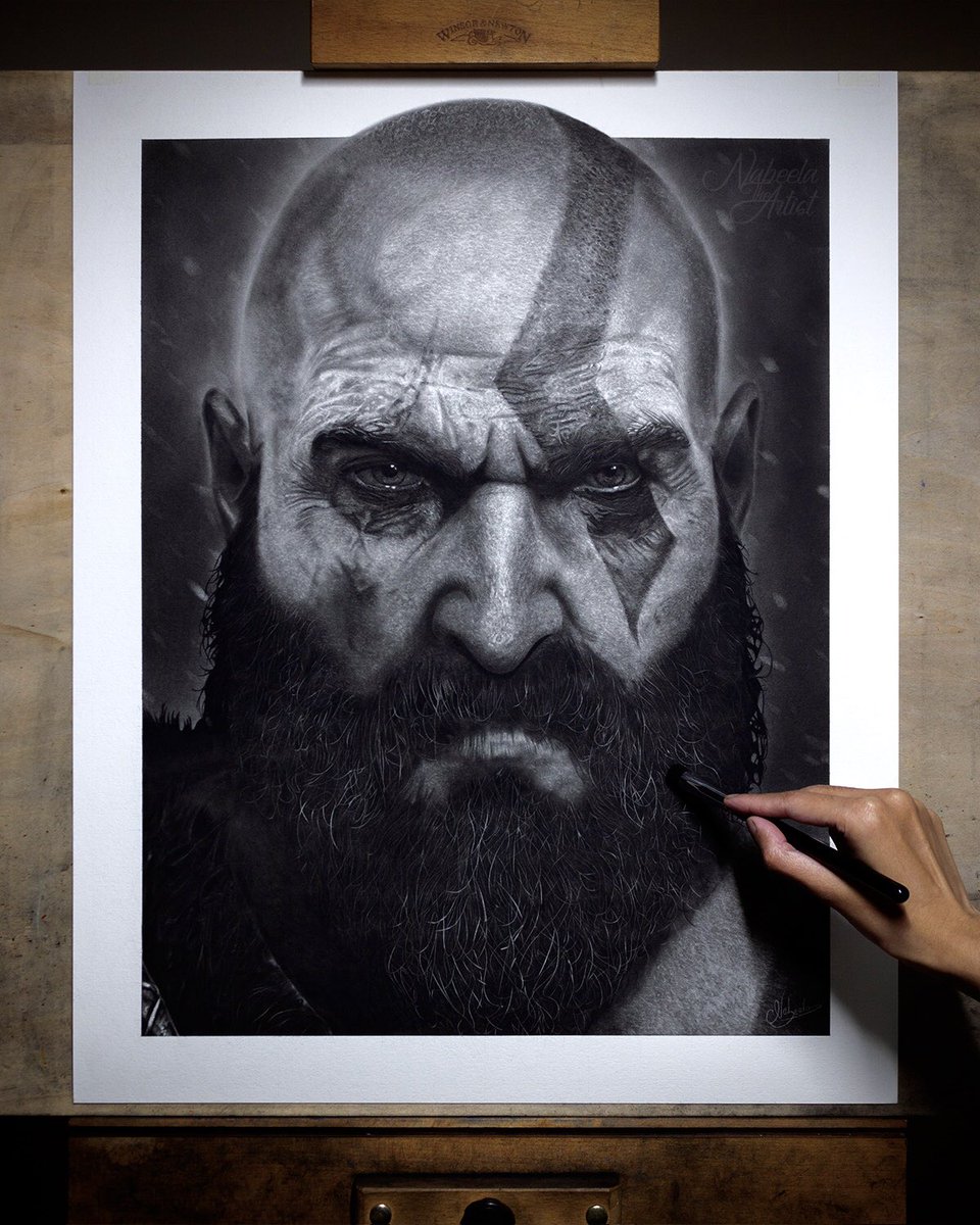 My charcoal drawing of Kratos is finally complete! It took 103 hours to create. I hope you like it!
<a href="/corybarlog/">corybarlog</a> <a href="/SonySantaMonica/">Santa Monica Studio – God of War Sons of Sparta</a> 
#GodofWarRagnarok