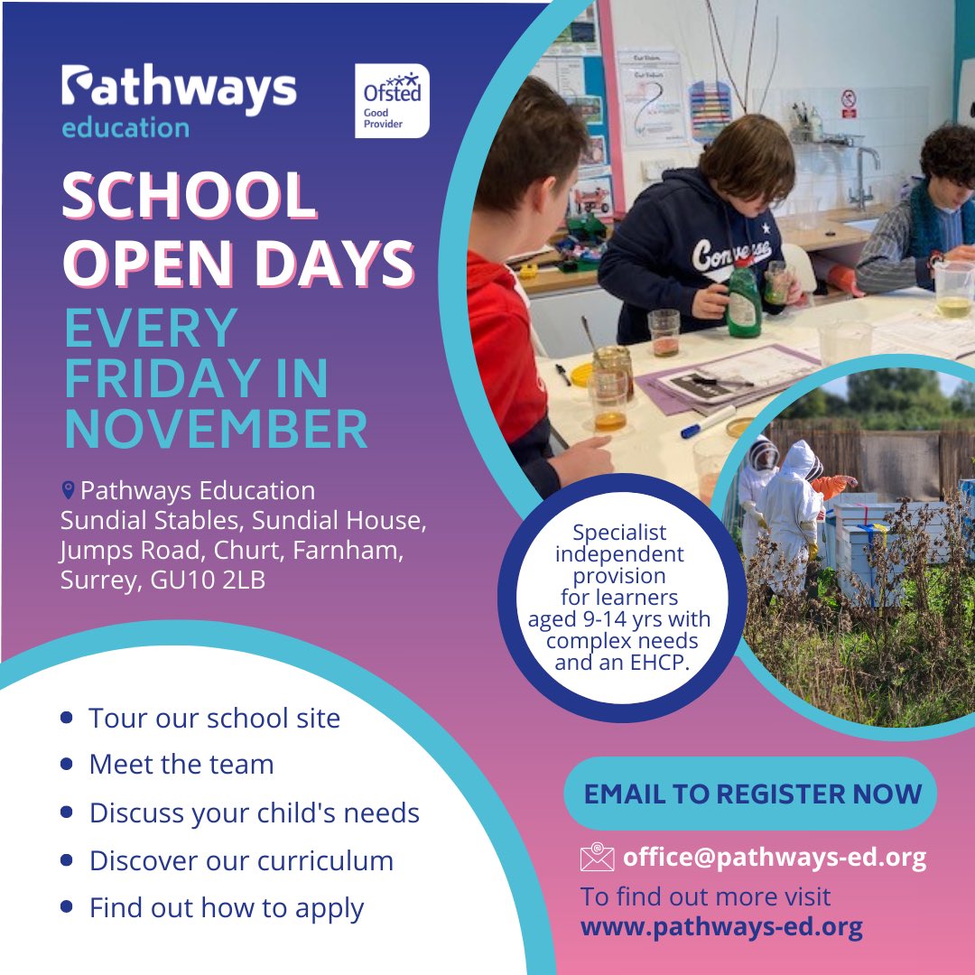 Discover the wonders of Pathways Education School in Surrey every Friday in November:
⭐️Meet our team
⭐️Tour the school and grounds
⭐️Find out about our curriculum
⭐️Speak to our teachers and pupils about life at Pathways School
📧 Email us to book: office@pathways-ed.org