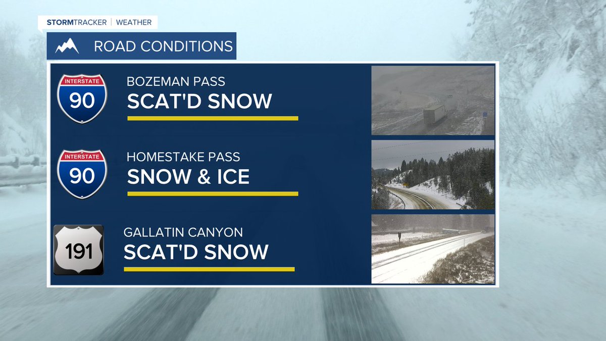 mtweathermatt's tweet photo. 10 AM ROAD UPDATE:  Snow continues to fall across the area with several accidents reported along 1-90.  Slushy and icy conditions are being reported on Bozeman Pass, Homestake Pass, the Gallatin Canyon as well as near Norris. Chains are required for towing units on Homestake Pass https://t.co/ne1fYldWmq