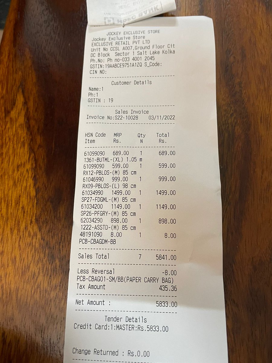 ArijitDatta's tweet photo. @JockeyIndia - Bill dt. 3.Nov.22 - S22-10028 - Product: RX12-PBLOS -(M) - Rs.999 - filled with holes and looks like used purchased from store CC1, Salt Lake Kolkata. No support received. No exchange entertained by store exec. &amp; mgr. https://t.co/pB0WjO2dJI