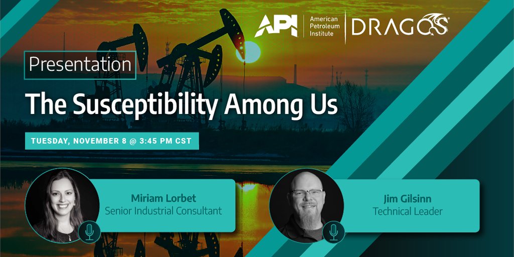 JimGilsinn's tweet photo. Attending the @APIGlobal Cybersecurity Conference this week? Come see @mplorbert and I give our talk called "The Susceptibility Among Us" on industrial cyber risk management on Nov. 8. @DragosInc #ICS #OT #risk https://t.co/Iwu7qMQMfv