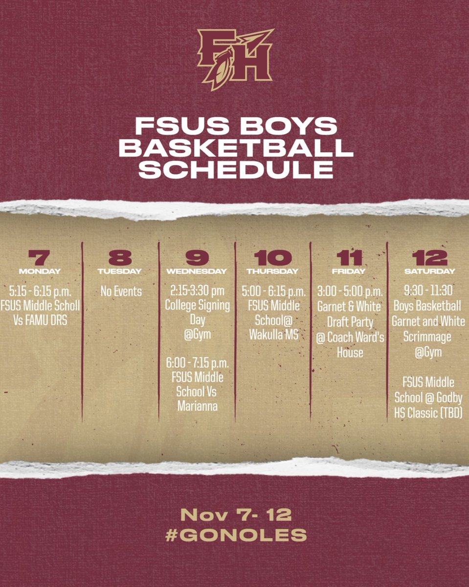 fsus_hoops's tweet photo. 📆Another busy week ahead!

Please check out the schedule, mark your calendar, and come support our players ❤️💛🍢

#GONOLES
#CompeteExecuteLive
#itsJUStWORK https://t.co/2sQqCW3HZC