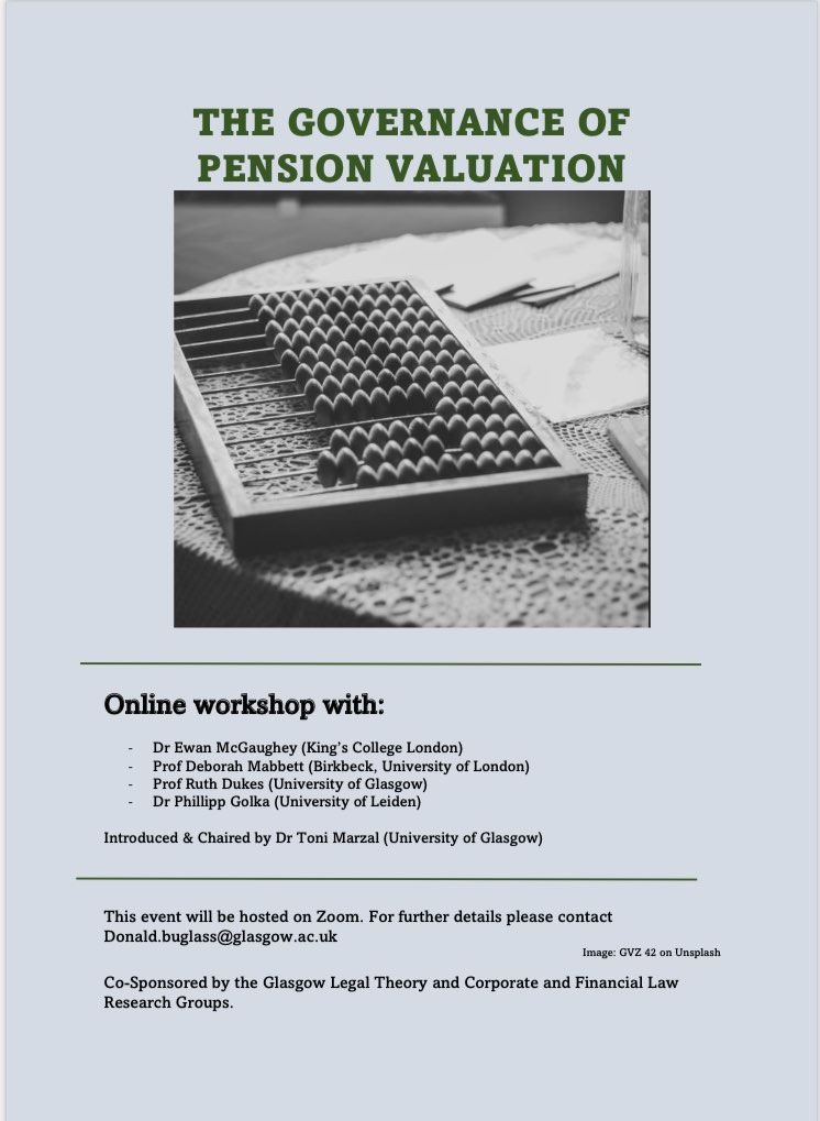 Toni Marzal (@marzaltoni) on Twitter photo Hello all! A reminder that this Thursday we will be discussing at the governance of pension valuation at <a href="/UofGLaw/">UofG School of Law</a> in excellent company. The event, cosponsored by <a href="/UofGLT/">Glasgow Legal Theory</a> and <a href="/UofGLaw_CFL/">Corporate and Financial Law Glasgow</a>, will be through zoom only. Please join us! uofglasgow.zoom.us/j/82983295008?… Passcode: 956262 1/ Hello all! A reminder that this Thursday we will be discussing at the governance of pension valuation at <a href="/UofGLaw/">UofG School of Law</a> in excellent company. The event, cosponsored by <a href="/UofGLT/">Glasgow Legal Theory</a> and <a href="/UofGLaw_CFL/">Corporate and Financial Law Glasgow</a>, will be through zoom only. Please join us! uofglasgow.zoom.us/j/82983295008?… Passcode: 956262 1/