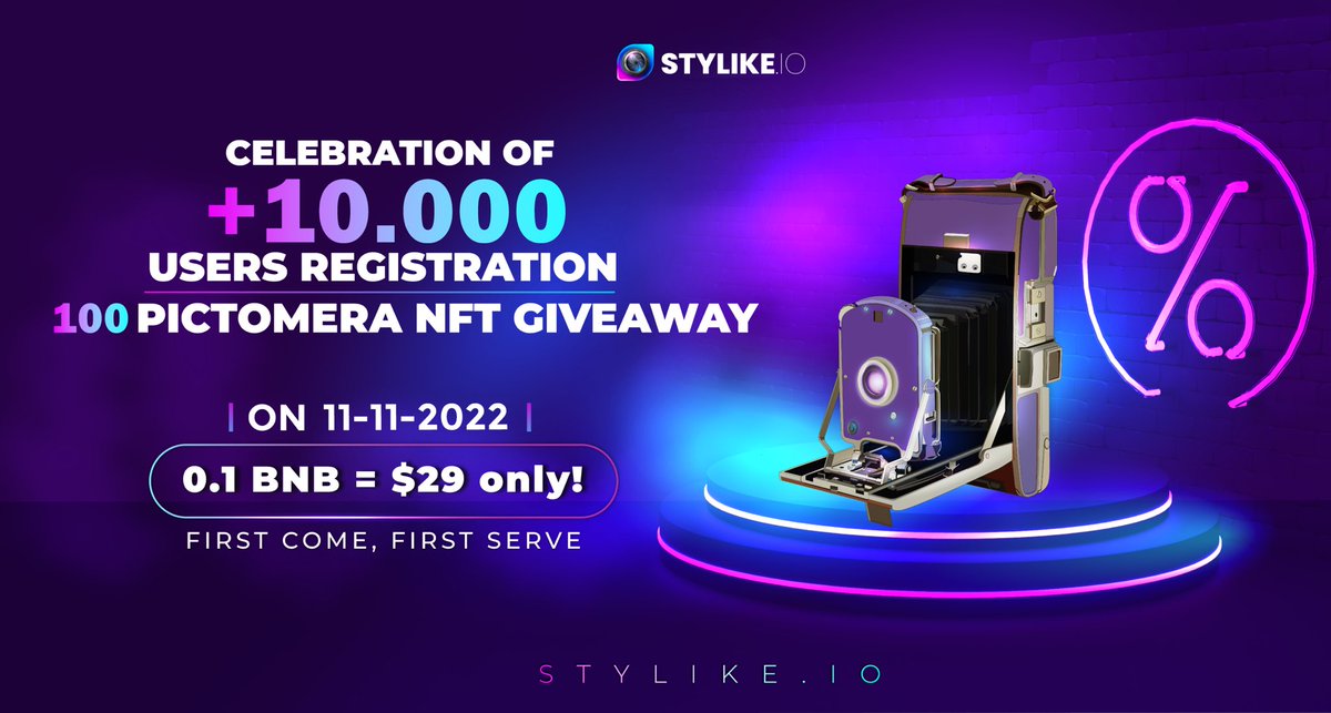 Stylike_io's tweet photo. Dear Stylikers

We are excited to announce that we have passed 10,000 users registered in Stylike.

To celebrate this milestone, we are giving away 100 Pictomera NFT at 0.1 BNB price on 11/11/2022.

Get your BNB ready and stay tuned. 

#stylikeio #stylike #styl #stl #nft #bnb https://t.co/HEr4jyDR5l
