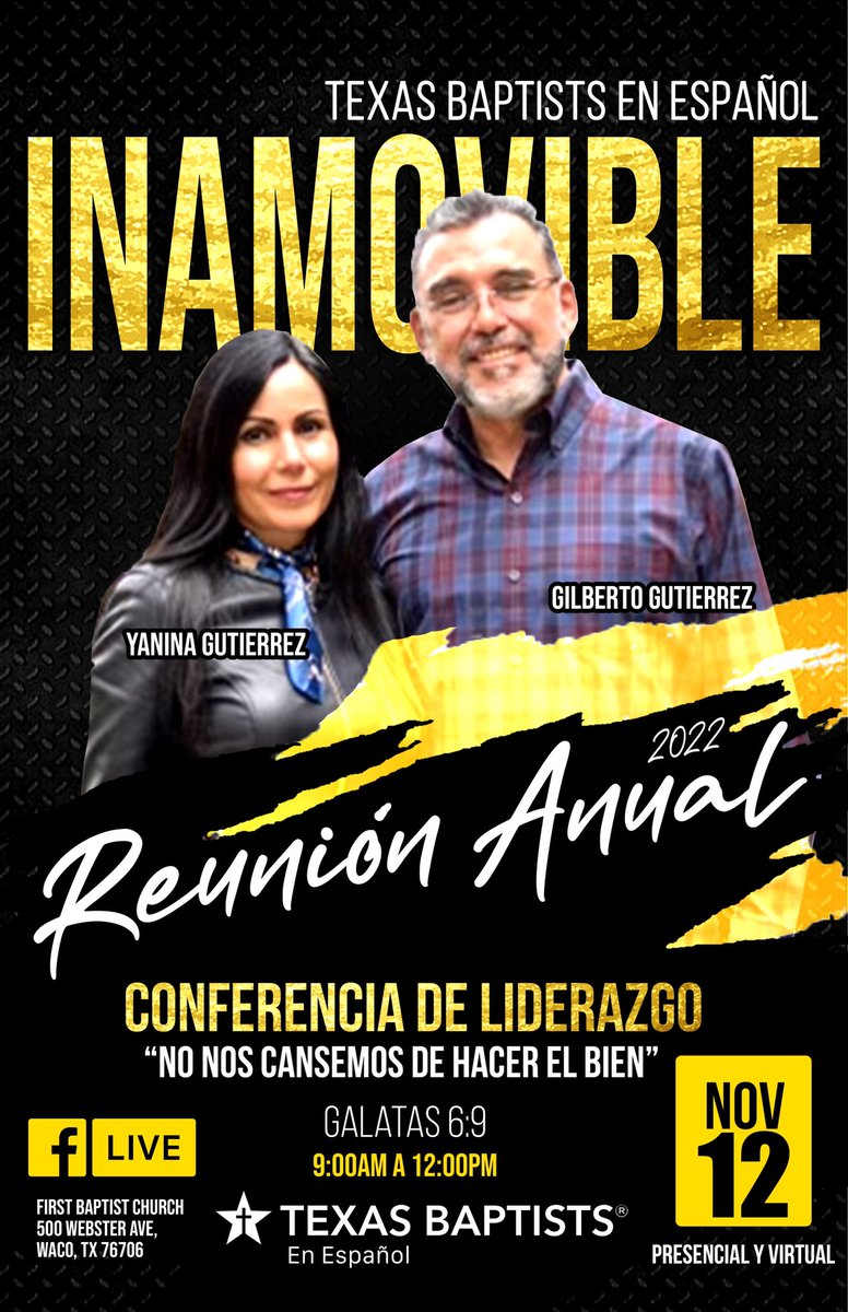 BaptistsEn's tweet photo. Y se llegó la hora para la Reunión Anual de Los Bautistas de Texas (BGCT)

Nos vemos este…

Sábado, 12 de Noviembre 
9am 

para las conferencias de

“Liderazgo en la Iglesia Local” 

Pastor Gilberto Gutierrez &amp; 
Yanina Gutiérrez 
Iglesia Bautista Horeb
Ciudad de México https://t.co/zxIm2jai4L