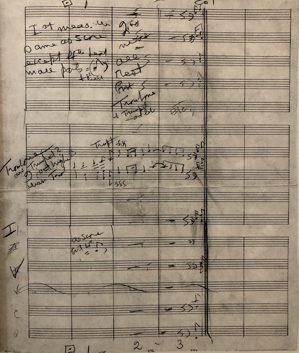 KalliJari's tweet photo. Charles Ives’s c. 1938 revisions to the closing page of Symphony No. 2 (1897-1902/1910) as supplemented to Bernard Herrmann’s copy of the full score. Facsimile reproduction from the critical editon edited by Jonathan Elkus. #AdventuresInMusic #scoreoftheday https://t.co/i1DqgnkZCj