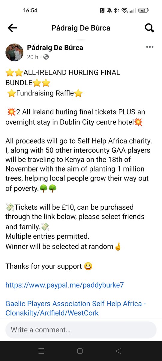 I am running a fundraiser for <a href="/selfhelpafrica/">Self Help Africa</a> where I will be raffling off 2 All Ireland hurling final tickets along with a nights stay in Dublin City centre hotel. 
£10 to enter, tickets can be purchased through link below paypal.me/paddyburke7
See image for full details.