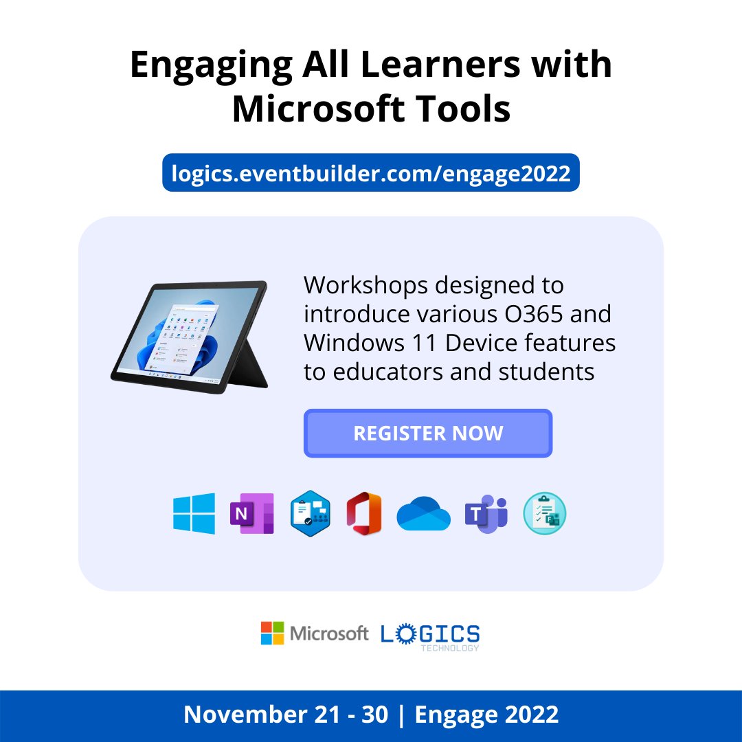 Explore tools and strategies to engage and support all learners with @MicrosoftEduCA with November Workshops on Engaging All Learners: logics.eventbuilder.com/engage2022 <a href="/MicrosoftTeams/">Microsoft Teams</a> <a href="/Microsoft365/">Microsoft 365</a> #UDL