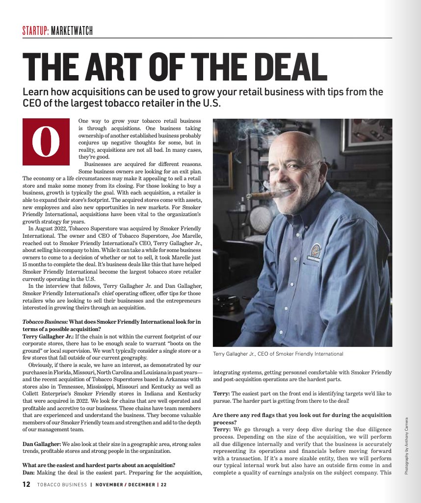 Our CEO Terry Gallagher Jr. and COO Dan Gallagher spoke with <a href="/TobaccoBizMag/">Tobacco Business</a> for their latest issue to discuss our strategies for acquisition success. Learn the 3 Rules of Acquisition here: tobaccobusiness.com/magazine/TOB_n…

#smokerfriendly #tobaccobusinessmagazine