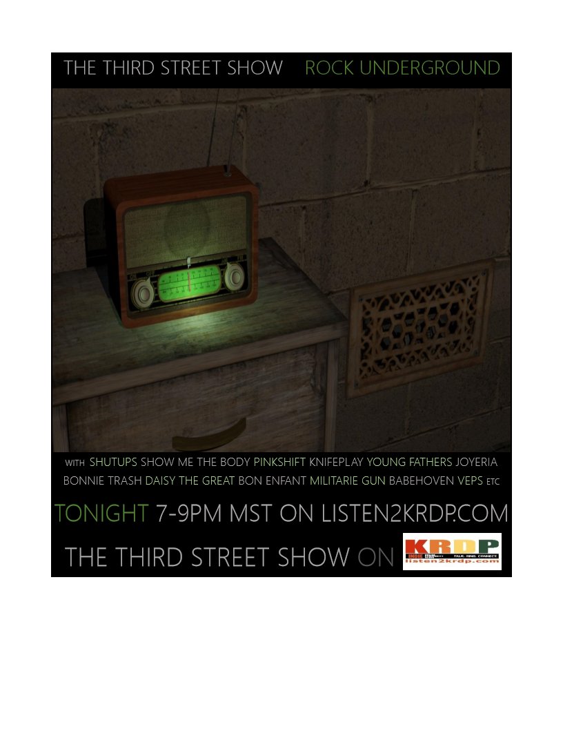 The Third Street Show (@third_show) on Twitter photo New show tonight with @wearebrutus @knifeplay_music <a href="/HansPucket/">Hans Pucket</a> <a href="/DaisyTheGreat/">Daisy the Great</a> <a href="/Ribbon_Stage/">Ribbon Stage</a> <a href="/babehoven/">babehoven</a> @QuizboyPDX <a href="/BonnieTrashBand/">BONNIE TRASH</a> <a href="/talkshowband/">talk show</a> <a href="/dmitrywild/">Dmitry Wild</a> <a href="/jameseleganz/">James Eleganz</a> <a href="/Vepsofficial/">Veps</a> and more #postpunk #shoegaze #indierock #psychrock etc on listen2krdp.com #krdpindie New show tonight with @wearebrutus @knifeplay_music <a href="/HansPucket/">Hans Pucket</a> <a href="/DaisyTheGreat/">Daisy the Great</a> <a href="/Ribbon_Stage/">Ribbon Stage</a> <a href="/babehoven/">babehoven</a> @QuizboyPDX <a href="/BonnieTrashBand/">BONNIE TRASH</a> <a href="/talkshowband/">talk show</a> <a href="/dmitrywild/">Dmitry Wild</a> <a href="/jameseleganz/">James Eleganz</a> <a href="/Vepsofficial/">Veps</a> and more #postpunk #shoegaze #indierock #psychrock etc on listen2krdp.com #krdpindie