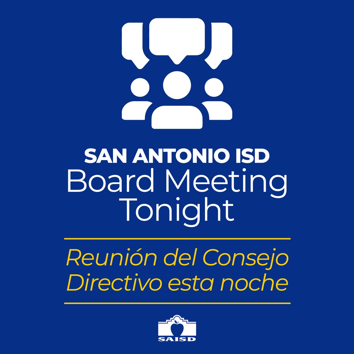 The SAISD Board of Trustees will hold its regularly scheduled meeting tonight, Nov. 7, at 5:30 p.m. in the Board Room in the central office building, 514 W. Quincy Street. You can view a livestream and past meetings at: saisd.net/page/dis-board…
