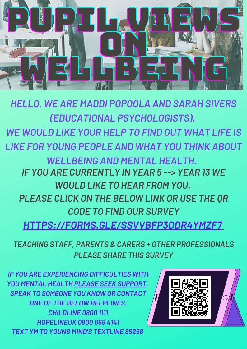 @DrMaddi1 &amp; I are launching the next phase of our #PupilViews research
We want to hear young people's thoughts about their #wellbeing
Please share the flyer &amp; visit our pupil views webpage for updates &amp; info about previous research liminal-psych.com/pupil-views-co…
#twittereps #edutwitter
