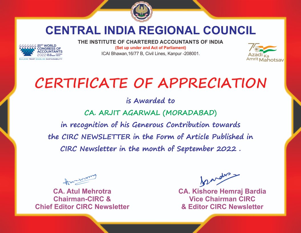 ArjitCa's tweet image. Received Certificate of Appreciation by the Central India Regional Council (CIRC) of the Institute of Chartered Accountants of India (ICAI).
Thank you so much
#circicai #icai #camembers #appreciation #certificateofappreciation #thankyou