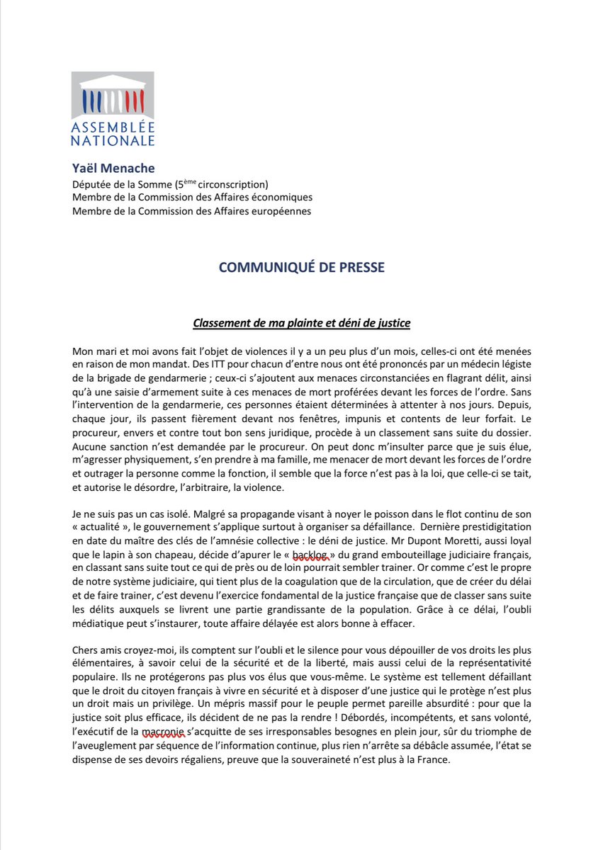 Vous êtes nombreux à me demander des nouvelles suite à mon agression, le procureur d’Amiens classe sans suite. 
L’état organise sa défaillance au mépris de la justice. 
<a href="/E_DupondM/">Eric Dupond-Moretti</a> <a href="/GDarmanin/">Gérald DARMANIN</a>