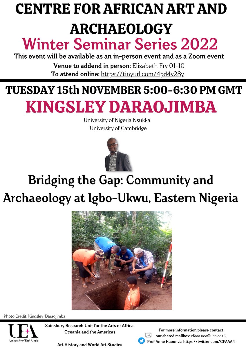 Centre for African Art & Archaeology, UEA (@cfaaa4) on Twitter photo Looking forward to our next Centre for African Archaeology <a href="/CFAAA4/">Centre for African Art & Archaeology, UEA</a> talk! Tuesday 15 November, 5pm. Bridging the gap: community and archaeology at Igbo-Ukwu, Eastern Nigeria, by <a href="/MaziOjimba/">Kingsley Chinedu Daraojimba</a>. Both in person at <a href="/uniofeastanglia/">UEA</a> and on Zoom: tinyurl.com/4pd4v28y. Please join us! Looking forward to our next Centre for African Archaeology <a href="/CFAAA4/">Centre for African Art & Archaeology, UEA</a> talk! Tuesday 15 November, 5pm. Bridging the gap: community and archaeology at Igbo-Ukwu, Eastern Nigeria, by <a href="/MaziOjimba/">Kingsley Chinedu Daraojimba</a>. Both in person at <a href="/uniofeastanglia/">UEA</a> and on Zoom: tinyurl.com/4pd4v28y. Please join us!