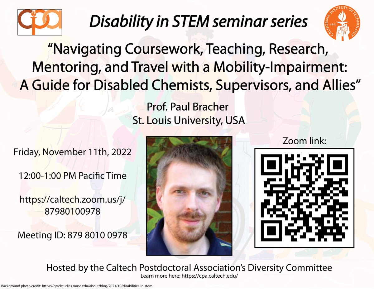 Paul Bracher (@chembarkpaul) on Twitter photo I'll be giving a talk this Friday, Nov 11, "at" <a href="/CaltechCCE/">Caltech Chemistry & Chemical Engineering</a> on mobility impairment in chemistry. It starts 12 Pacific/8pm London. The talk is virtual, on Zoom, and all are welcome. At its essence, this talk will be a practical guide for disabled chemists, supervisors, and allies. I'll be giving a talk this Friday, Nov 11, "at" <a href="/CaltechCCE/">Caltech Chemistry & Chemical Engineering</a> on mobility impairment in chemistry. It starts 12 Pacific/8pm London. The talk is virtual, on Zoom, and all are welcome. At its essence, this talk will be a practical guide for disabled chemists, supervisors, and allies.