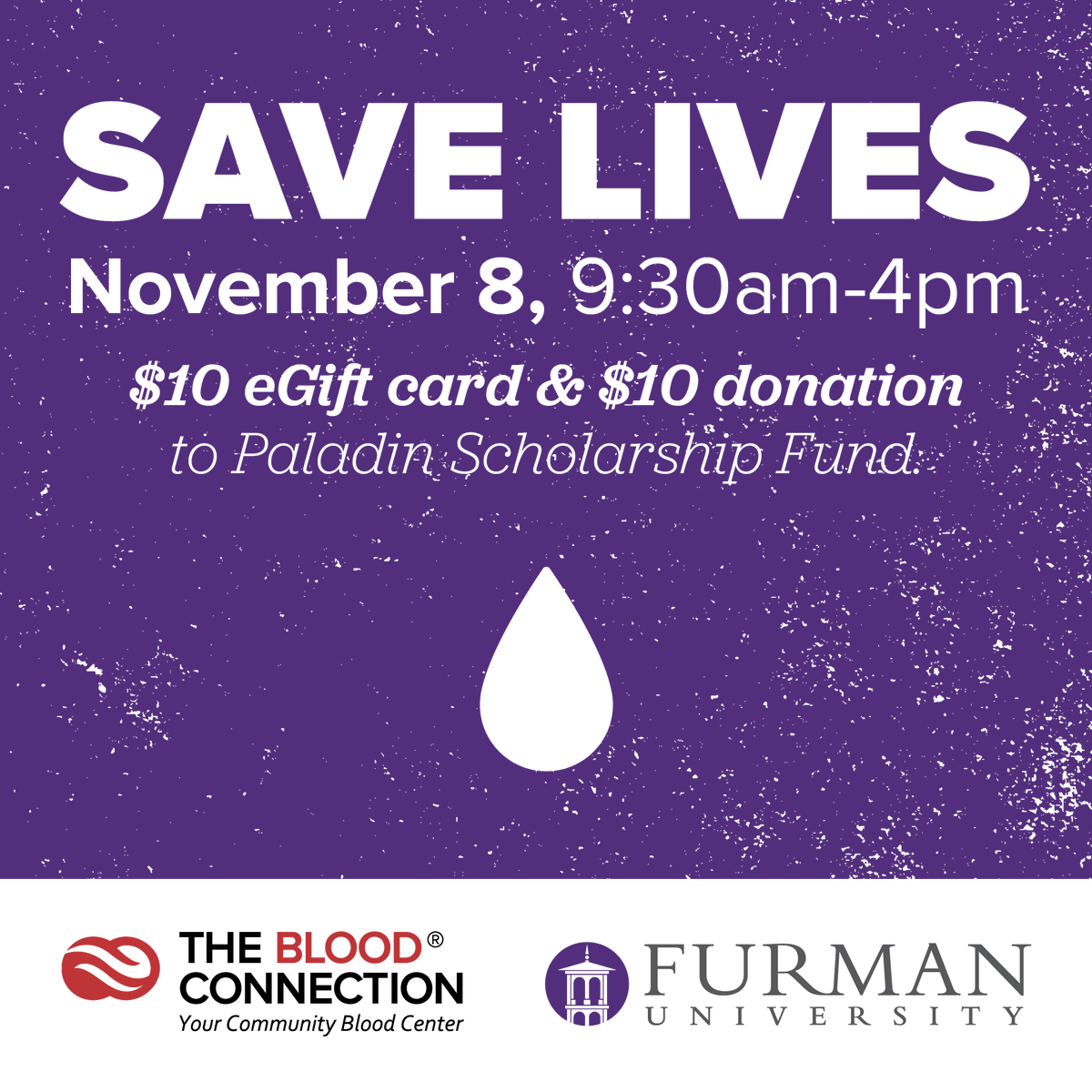 FurmanPaladins's tweet photo. We're proud to partner with @BloodConnection for another #BleedPurple blood drive! The Blood Connection will outside Trone tomorrow (Tuesday, Nov. 8). Register to donate now: https://t.co/9PAOy8LYfD https://t.co/ZnoOlS35zo