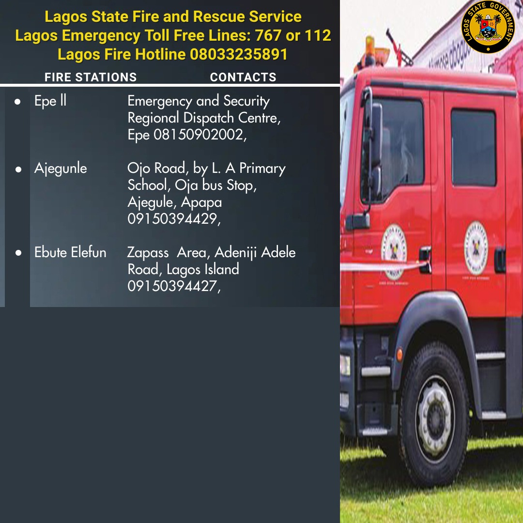 LAGOS STATE FIRE SERVICE EMMERGENCY NUMBERS. *NB: In case of emergency call 767 or 112 / Hotline 08033235891🙏💕 #FIRE #LAGOSFIRE