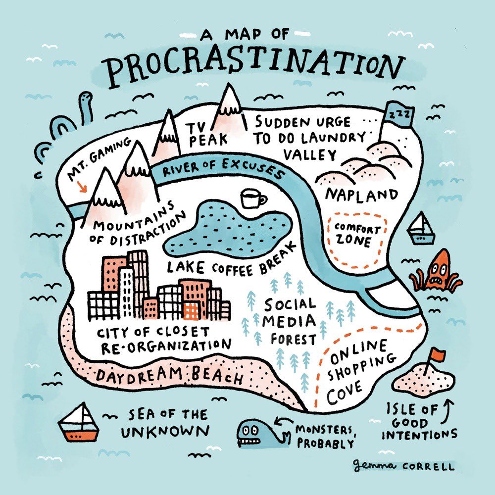 Who gets lost in mountains of distraction? (before jumping into river of excuses obviously)🏔️🌊 Excellent illustration by <a href="/gemmacorrell/">Gemma Correll</a>