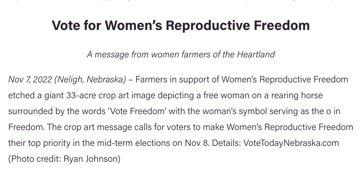 A message from Heartland women farmers 👩‍🌾💪♀ #Nebraska farmers supporting Women’s Reproductive Freedom etched a giant 33 acre crop artwork - a free woman on a rearing horse and #VoteFreedom, with the woman’s symbol ♀ as the 'o'. #VOTE #GOTV @janekleeb boldnebraska.org/votefreedom2022