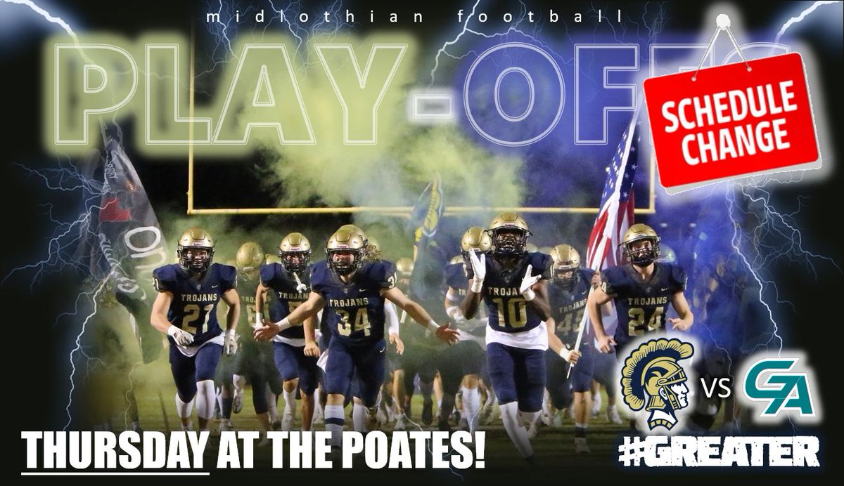 Trojan Fans!  Our game vs. Glen Allen will be Thursday!  See you at the Poates for a 7pm kick-off!  #Trojans #Greater #SetTheStandard #RememberToVoteForCoop