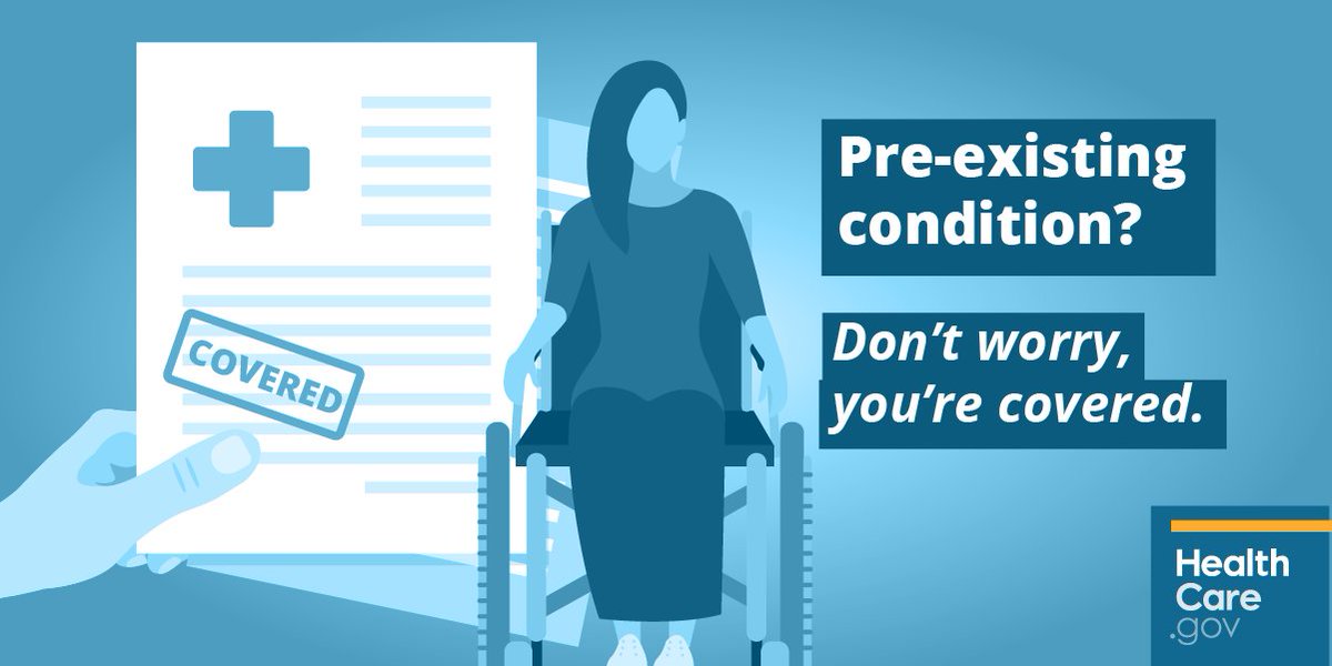 HealthCareGov's tweet image. Pre-existing conditions are covered! No insurance plan can reject you or refuse to pay for essential health benefits for any condition you had before your coverage started. Enroll now in #MarketplaceOE: healthcare.gov/get-coverage 
#GetCovered