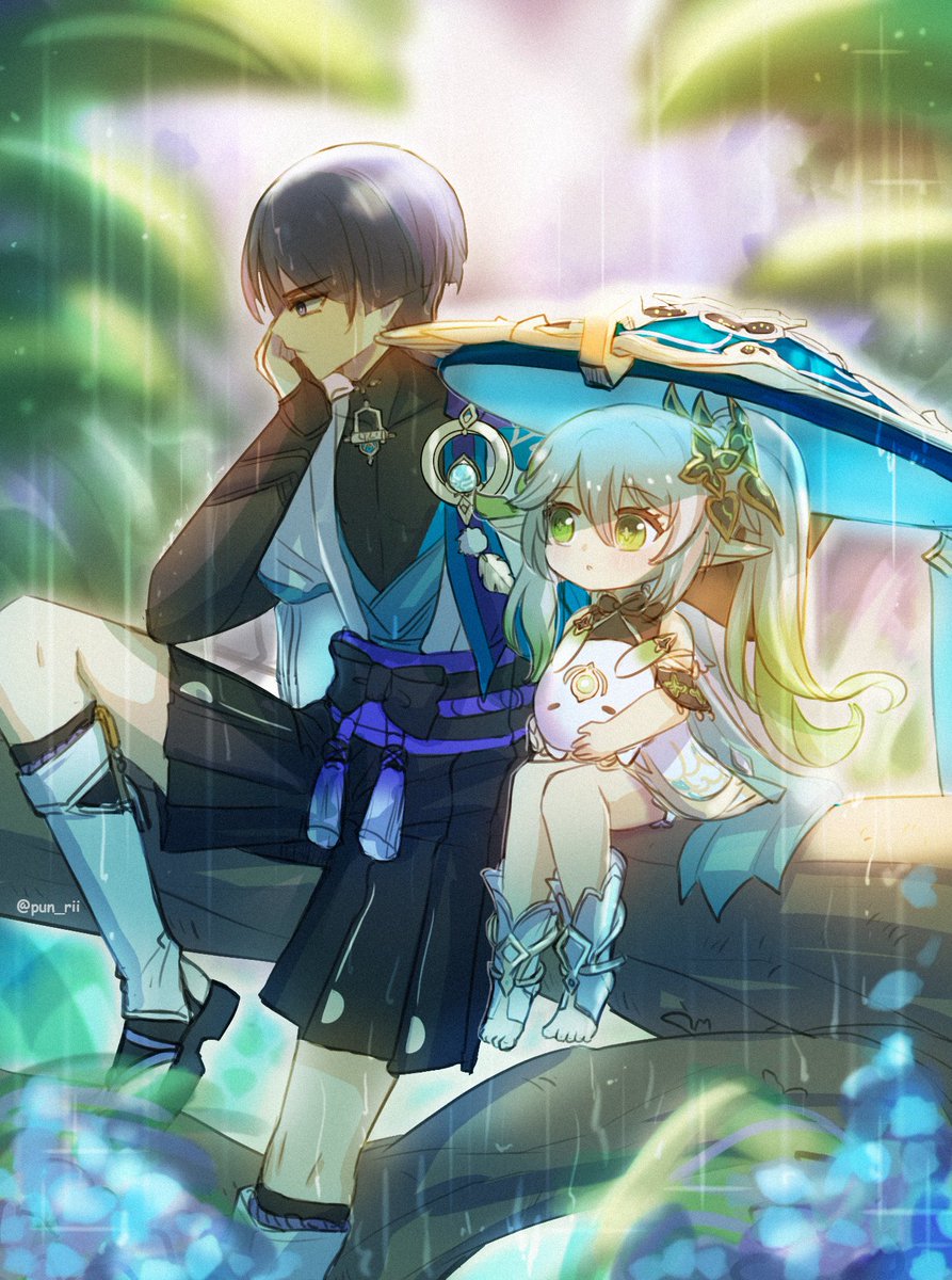 nahida (genshin impact) ,scaramouche (genshin impact) 1girl jingasa rain 1boy green eyes sitting pointy ears  illustration images