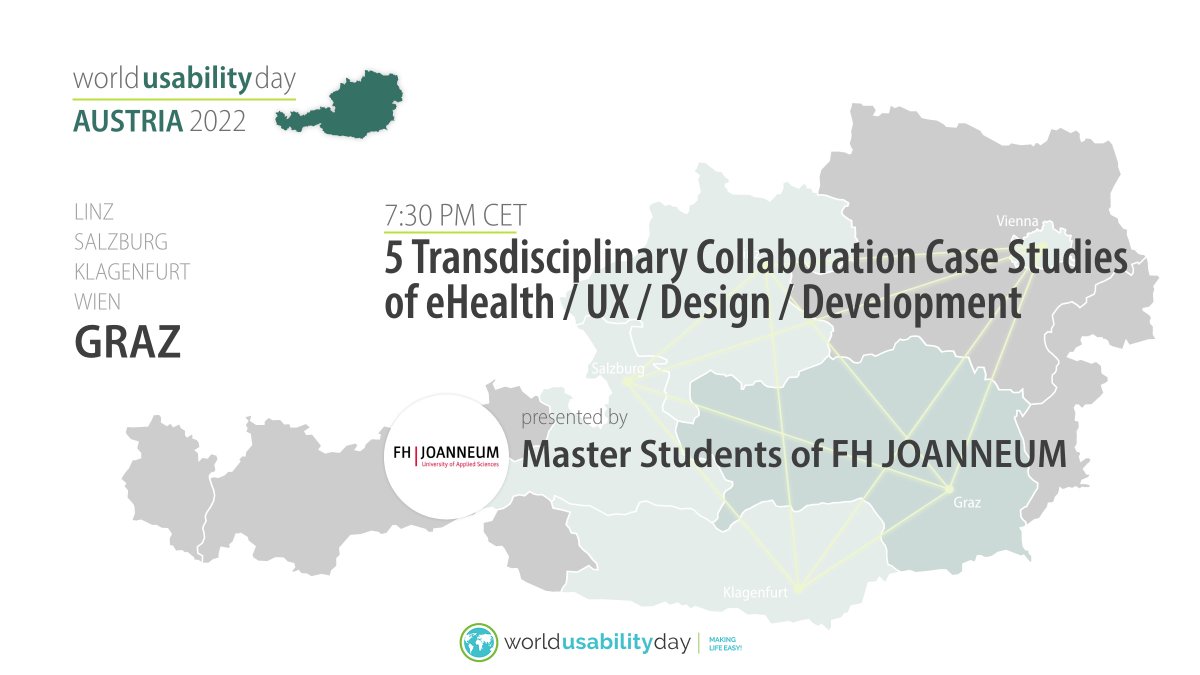 WUD_Austria's tweet photo. Meet the speakers for World Usability Day Austria  🎉

Master Students of FH JOHANNEUM // 5 Transdisciplinary Collaboration Case Studies of eHealth / UX / Design / Design / Development 📍 onsite (in Graz)

#WUDAustria #WUD2022 #worldusabilityday @fh_joanneum @dsgn_FHJOANNEUM https://t.co/TPae9f1h8V
