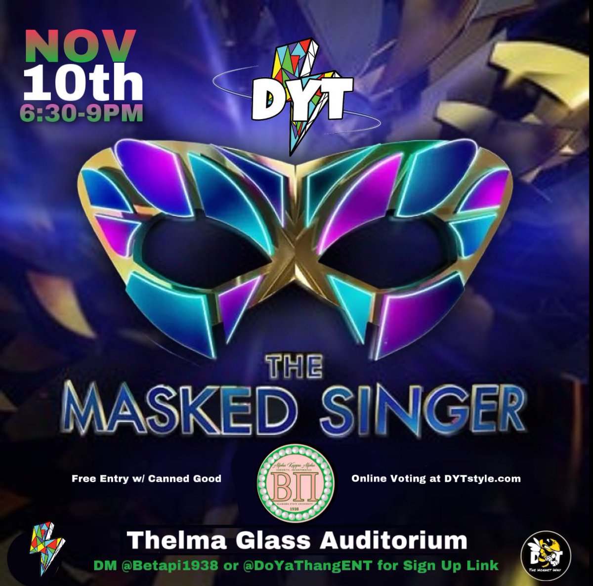 Can You Sing⁉️

Next Thursday, we’re hosting a Masked Singer Event⚡️

🎤10-15 Performances
🎤3 Judges (Pick top 5)
🎤Online Voting at DYTstyle.com 

Online voting chooses the winner of the contest… #MaskRequire😉⚡️

Sign Up forms.gle/kCBBcAbEy7XKuU…‼️

#Bamastate #myasu