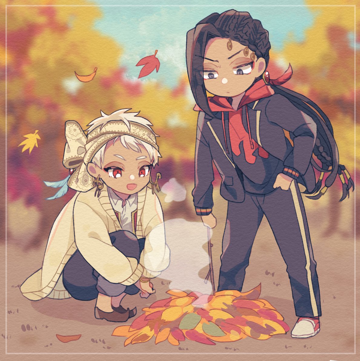 multiple boys autumn leaves 2boys pants red eyes autumn male focus  illustration images