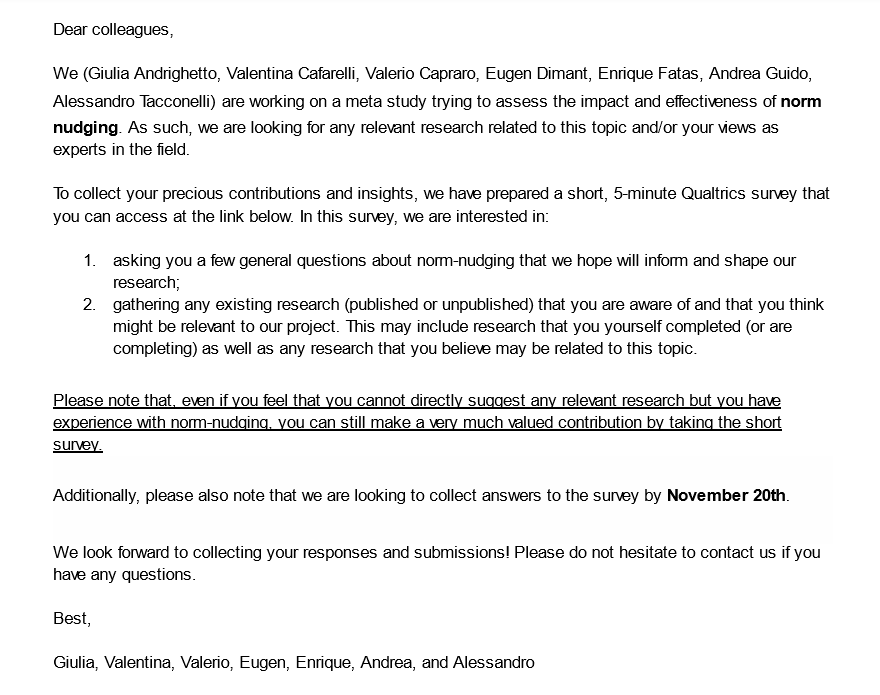 We're conducting a meta-study on norm-nudging

Please complete this 5-min survey to upload your paper &amp; answer a few questions to inform our project: bit.ly/metaNN

Please share widely

w/ <a href="/giulia_ndr/">giulia andrighetto</a> <a href="/valentinacfr/">Valentina Cafarelli</a> <a href="/eugen_dimant/">Eugen Dimant</a> @EnriqueFatas <a href="/ndreaguido/">Andrea Guido</a> @alessandrotacc