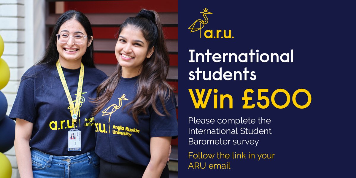 Our International student satisfaction survey is now open  - it only takes 15 minutes and you could win up to £500 vouchers in our prize draw.   Tell us what's good and how we can make your experience the best it can be.  Follow the link in your ARU email account.
