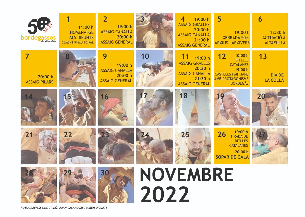 Aquí teniu el calendari de novembre! ✨ Darrer tram de temporada!! 

Som-hi! 💪

#sombordegassos #castellers