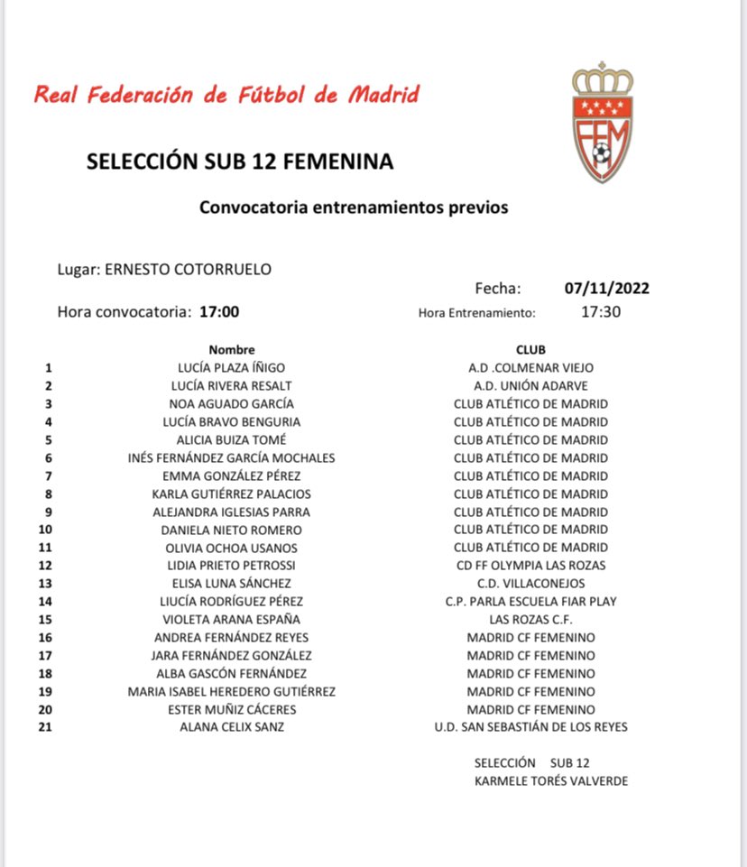 RFFM_oficial's tweet photo. 📋Convocatoria de la #SeMadridFem Sub-12 

📅 07.11.2022
🏟 Cotorruelo https://t.co/1bldu8P1Nu