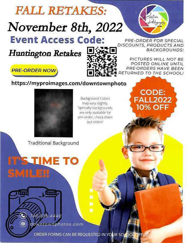 Elementary Picture Retake Day is Tomorrow, November 8th!  Middle School and High School Retake Day is November 15th!